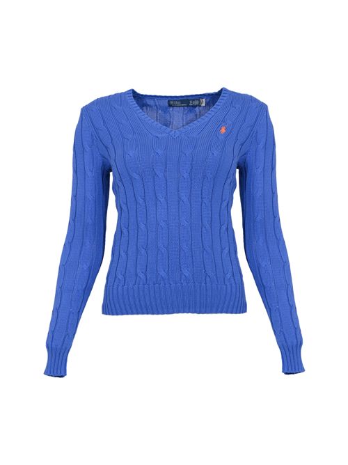 Maglia a trecce in cotone con scollo a V Blue